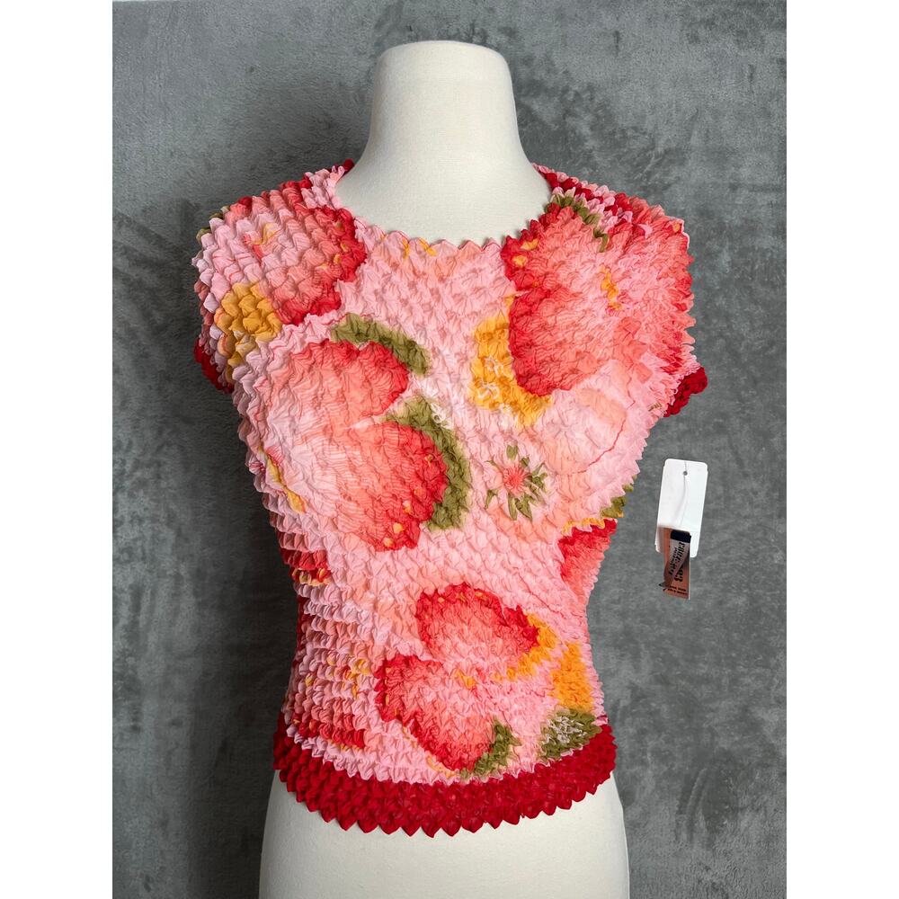Vintage Y2K 90s Popcorn Top Pink Floral Fruit Print Stretch Crinkle Textured